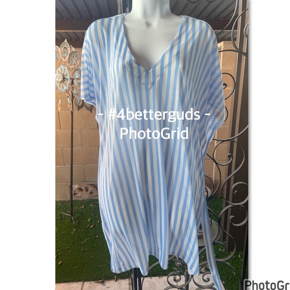 H&M Striped V-Neck Tunic Belted Tie Waist Swimsuit Cover Up Very Oversized MD - Picture 3 of 15